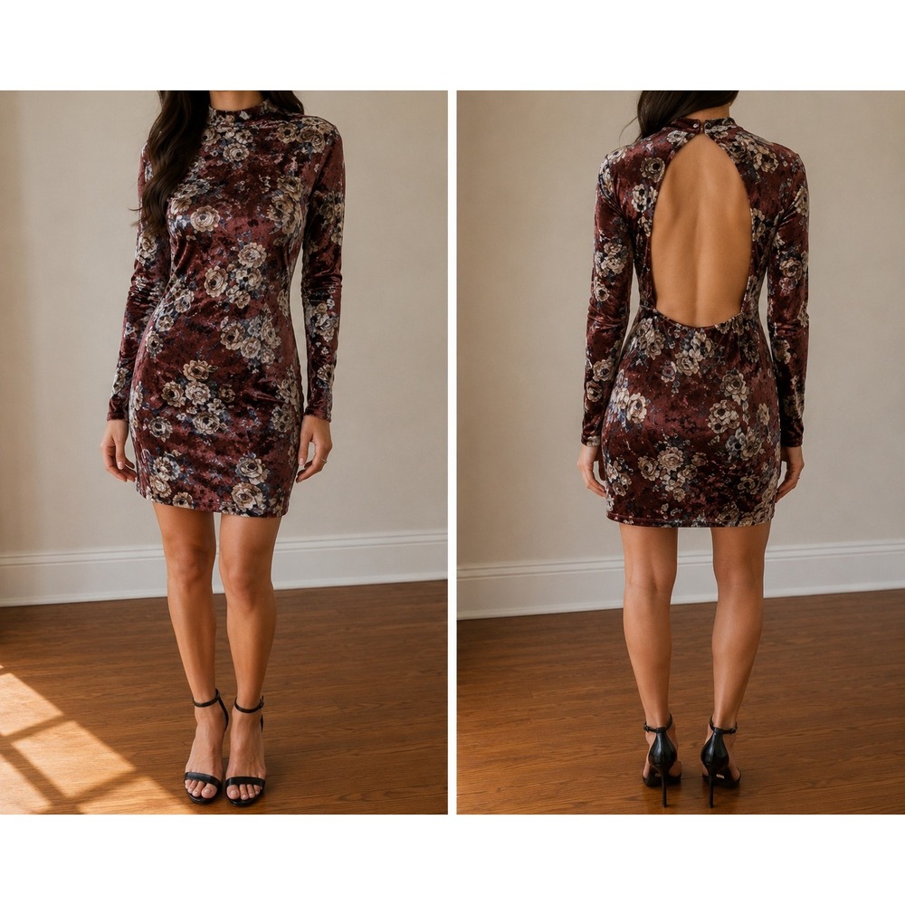 Y2K Brown Velvet‎ Floral Bodycon Dress Women Large Open Back Fairy Grunge Mini